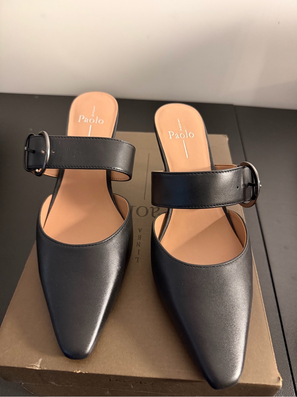 Paolo Black Pointed Leather Buckle Strap Mules